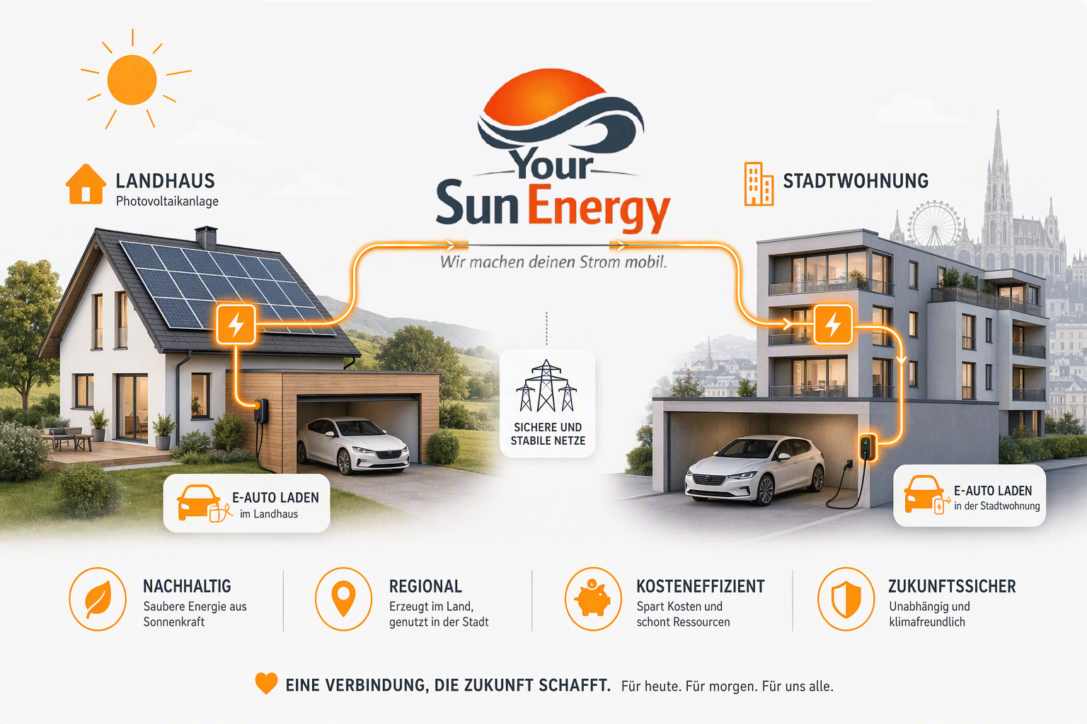 YourSun Energy Systemübersicht: Vernetzung von Landhaus mit PV-Anlage und Stadtwohnung über E-Mobilität
